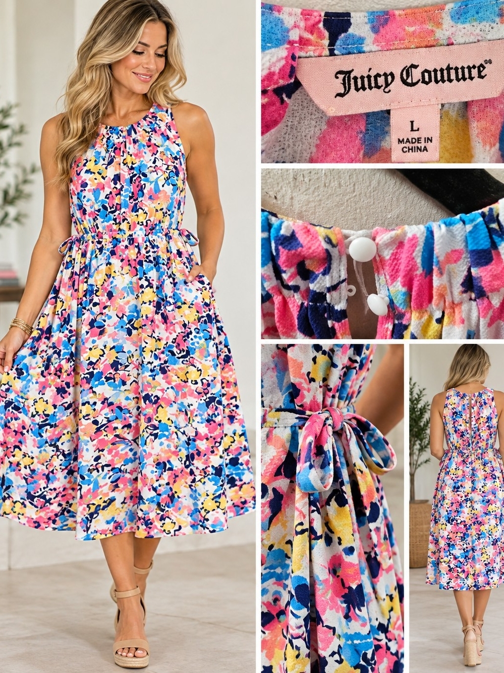 Juicy Couture Multicolor Floral Halter Midi Dress with Tie Waist